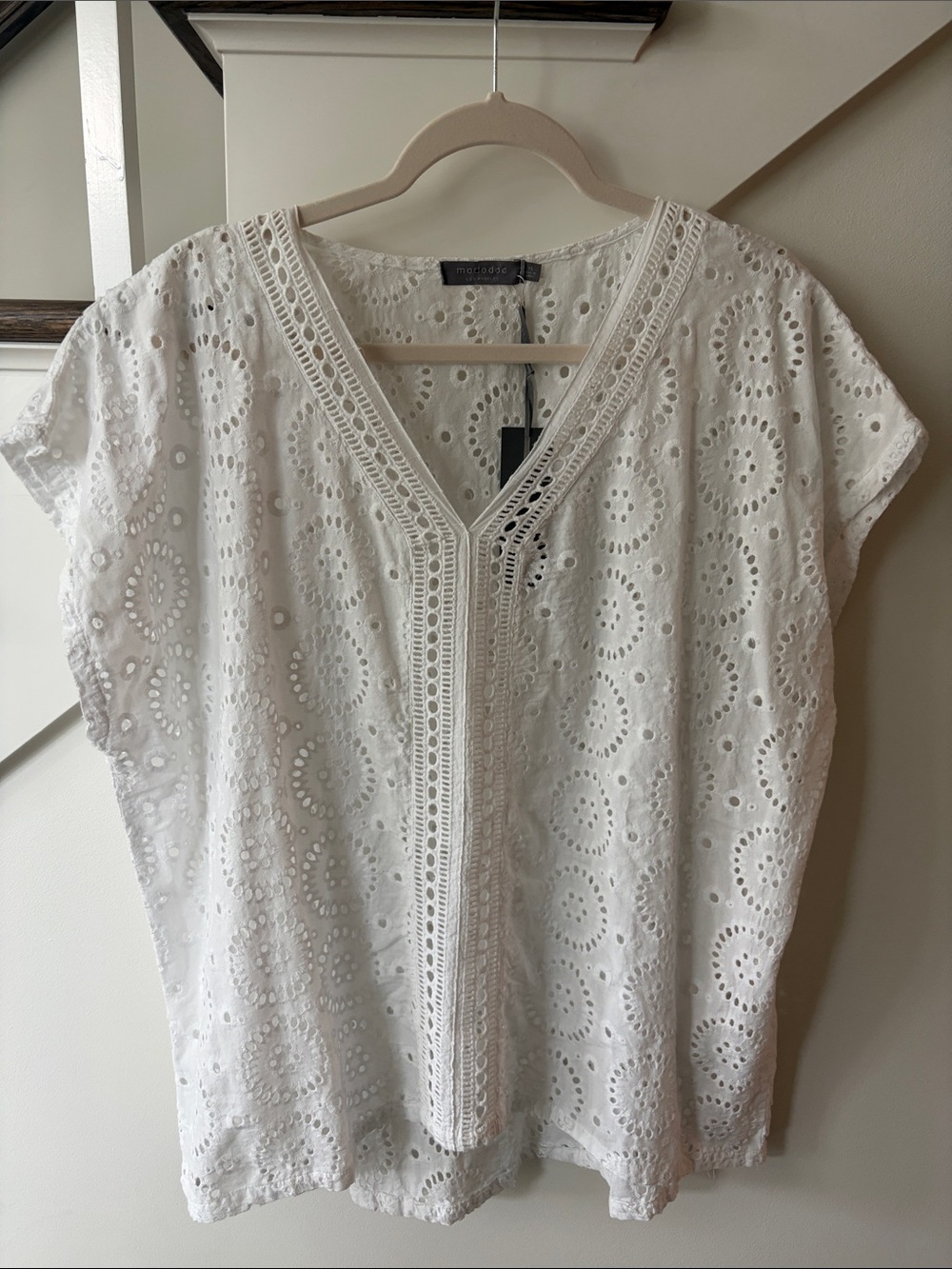 NWT Mododoc White Eyelet V-Neck Crochet-Trim Short Sleeve Blouse XL